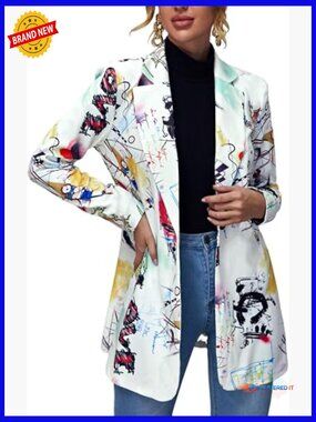 Long Sleeve Graphic Print Blazer Work Suit Jacket with Padded Shoulders